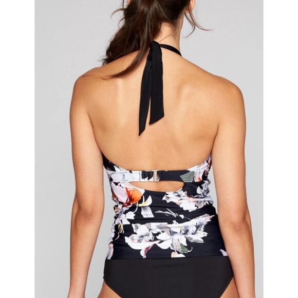 ATHLETA Halter Swim Top Black Floral Size 40 B/C Athletic Tankini Top - Picture 2 of 6